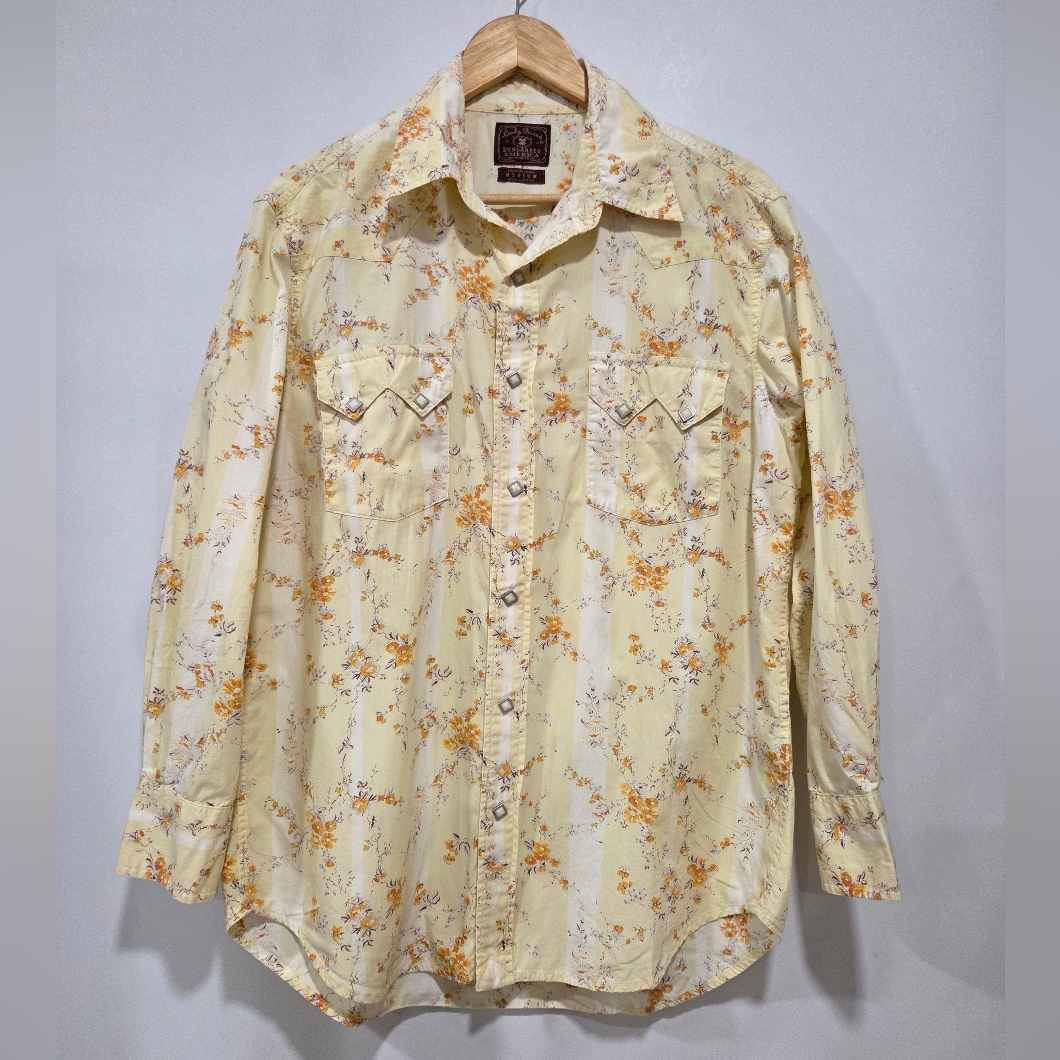 Vintage Lucky Brand Shirt Western Sawtooth Pearl Snap Ditsy Floral Yellow Mens M